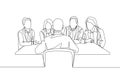 One single line drawing of young interviewee being interviewed by some company managers for job vacancy. Job interview process