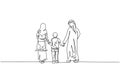 One single line drawing of young Islamic mom and dad walking together and hold their boy`s hand vector illustration. Arabian