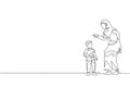 One single line drawing of young Islamic mother talk to her son and reprimand about his attitude vector illustration. Happy