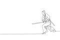 One single line drawing of young Japanese samurai warrior holding katana sword practicing at dojo center graphic vector Royalty Free Stock Photo