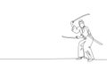 One single line drawing of young Japanese samurai warrior holding katana sword practicing at dojo center graphic vector Royalty Free Stock Photo