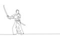 One single line drawing of young Japanese samurai warrior holding katana sword practicing at dojo center graphic vector Royalty Free Stock Photo