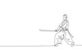 One single line drawing of young Japanese samurai warrior holding katana sword practicing at dojo center vector graphic