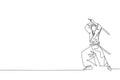 One single line drawing of young Japanese samurai warrior holding katana sword practicing at dojo center vector illustration