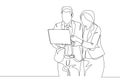 One single line drawing of young male and female employee discussing work while watching annual report graph on laptop