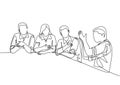 One single line drawing of young male and female workers discuss about project in company meeting. Business talk and discussion