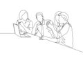 One single line drawing of young male and female workers discuss about project in company meeting. Business talk and discussion