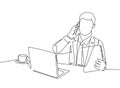 One single line drawing of young male manager reading company annual report while receiving phone call from staff at the office.