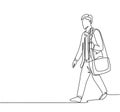 One single line drawing of young male manager walking relax on city street to go to the office while holding document. Urban