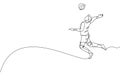 One single line drawing of young male professional volleyball player exercising jumping spike on court vector illustration. Team