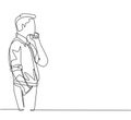 One single line drawing of young male worker seriously staring out of the window from the office building. Focus thinking company