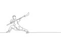 One single line drawing of young man on kimono exercise wushu martial art, kung fu technique with spear on gym center vector