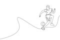 One single line drawing of young man perform soccer freestyle, jump juggling ball with heel at city square vector illustration. Royalty Free Stock Photo