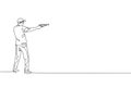 One single line drawing of young man practicing to shot target in range on shooting training ground vector graphic illustration. Royalty Free Stock Photo