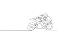 One single line drawing of young moto racer practice to improve speed bike at circuit vector illustration. Superbike racing