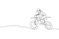 One single line drawing of young motocross rider conquer track obstacles at race track vector illustration. Extreme sport concept
