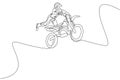 One single line drawing of young motocross rider flying freestyle at race track vector graphic illustration. Extreme sport concept