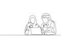 One single line drawing of young muslim and muslimah workers discussing at office. Arab middle east male and female cloth kandura