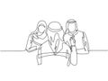 One single line drawing of young muslim stratup founder interviewing employee candidate at office. Saudi Arabia cloth kandora Royalty Free Stock Photo