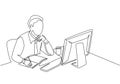 One single line drawing of young pensive businessman sitting and watching computer screen to analyze data company. Business