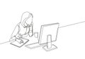 One single line drawing of young pensive female employee works overtime to finish writing company draft business proposal