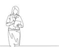 One single line drawing of young pensive female manager standing and thinking business strategy to company. Sales marketing