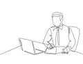 One single line drawing of young serious businessman staring at laptop and writing business notes to the team member at office.