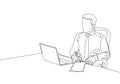One single line drawing of young serious businessman staring at laptop and writing business notes to the team member at office