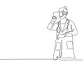 One single line drawing of young serious female doctor thinking pensively watching visual from virtual reality. Smart technology