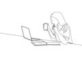One single line drawing of young serious female employee sitting pensively on her work chair while staring at computer