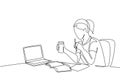 One single line drawing of young serious female employee sitting pensively on her work chair while staring at computer. Thinking