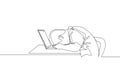 One single line drawing of young sleepy entrepreneur fall asleep on laptop while he is working. Work fatigue cause overload task