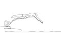 One single line drawing of young sporty fit swimmer jump to practice swimming in indoor pool sport center vector illustration. Royalty Free Stock Photo