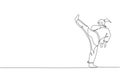 One single line drawing of young sporty karateka girl in fight uniform with belt exercising martial art at gym vector illustration