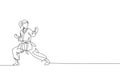 One single line drawing of young sporty karateka girl in fight uniform with belt exercising martial art at gym vector illustration Royalty Free Stock Photo