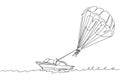 One single line drawing of young sporty man flying with parasailing parachute on the sky pulled by a boat vector graphic