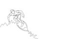 One single line drawing of young sporty surfer man riding on big waves barrel in surfing beach paradise vector illustration.