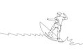 One single line drawing of young sporty surfer man riding on big waves in surfing beach paradise vector graphic illustration.