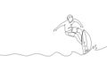 One single line drawing of young sporty surfer man riding on big waves in surfing beach paradise vector graphic illustration