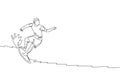 One single line drawing of young sporty surfer man riding on big waves in surfing beach paradise vector illustration graphic.