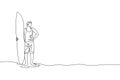One single line drawing of young sporty surfer man standing and holding long surfing board at sandy beach graphic vector