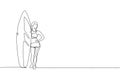 One single line drawing young sporty surfer woman with bikini standing and holding long surf board in beach vector graphic Royalty Free Stock Photo