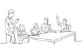 One single line drawing of young startup CEO lead the company gathering and meeting with his team member at the office. Business