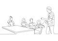 One single line drawing of young startup CEO lead the company gathering and meeting with his team members at the office. Business