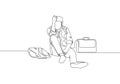 One single line drawing of young stressed businessman sitting on floor after the project failed. Stressful business failure