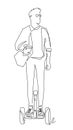 One single line drawing of young stylish man riding electric segway at city park vector illustration. Future transport