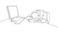 One single line drawing of young tired male employee sleeping on the work desk with computer. Work overload fatigue concept
