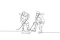 One single line drawing of young two ice hockey player in action to win the puck at competitive game on ice rink stadium vector Royalty Free Stock Photo