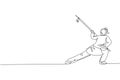 One single line drawing of young woman on kimono exercise wushu martial art, kung fu technique with spear on gym center vector