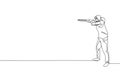 One single line drawing young woman practicing to shot target in range on shooting training ground graphic vector illustration.